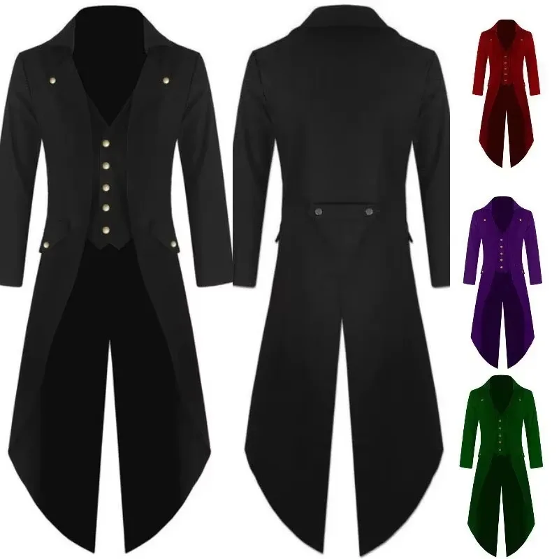 Men's Tuxedo Tailcoat Lapel Collar Gothic Steampunk Victorian Costume Long Trench Tail Coat Frock Outfit Dovetail Formal Uniform