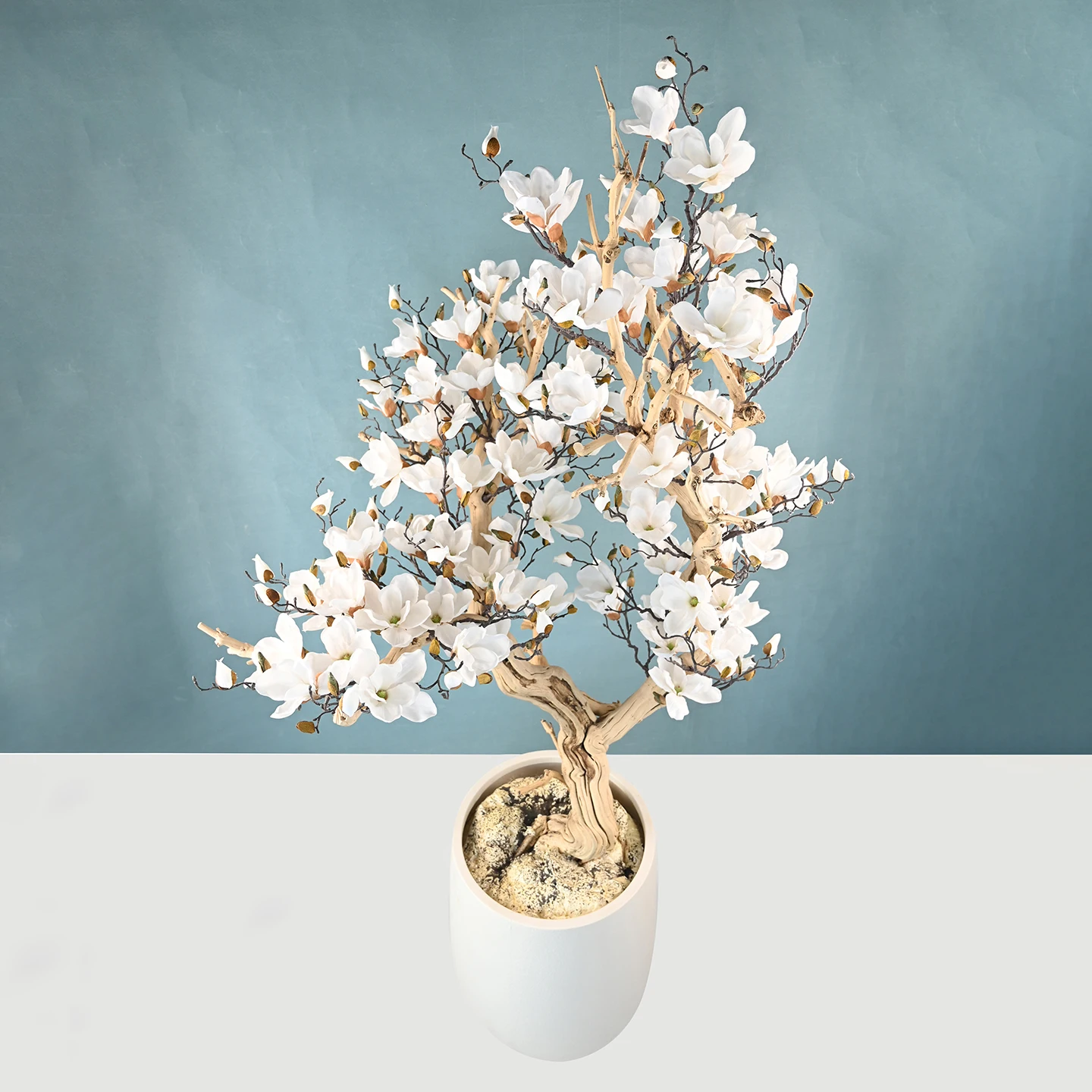 2m Artificial Magnolia Bonsai Tree White Magnolia Tree Dry Trunk Potted Plant for Hotel Lobby Home Luxury Interior Decor