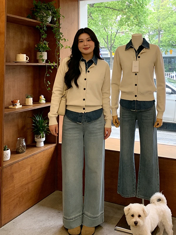 

Red Neck Sweater Denim Patchwork Women's Spring 2026 New Design Large Size Comfortable Breathable Long Sleeve Shirt