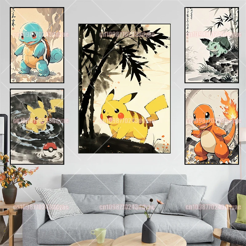 

Animation Pokémon Characters Pokemon Comic Posters Bulbasaur Charizard Pikachu Mural Pictures Children's Home Wall Decoration