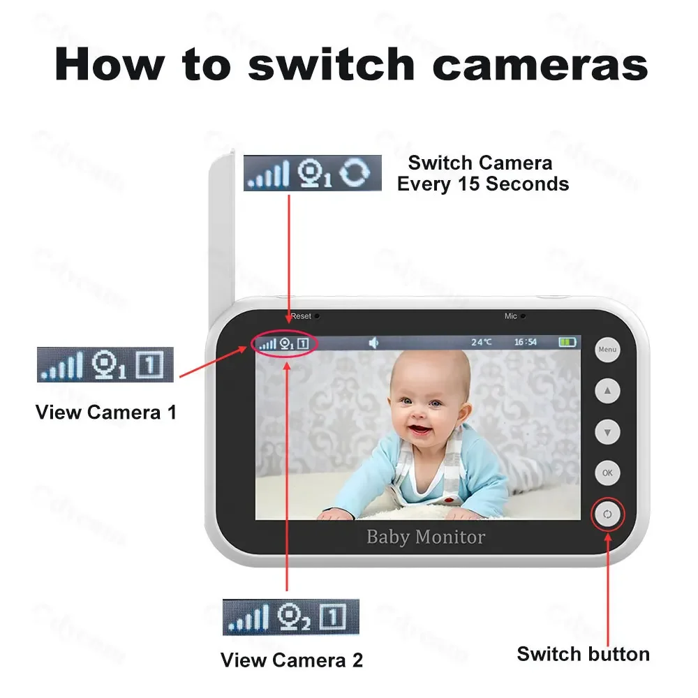 4.3 Inch Video Baby Monitor with 2 Cameras 720P Kids Babyphone Pan-Tilt-Zoom Nanny Camera 2-way Audio Night Vision BabySitter