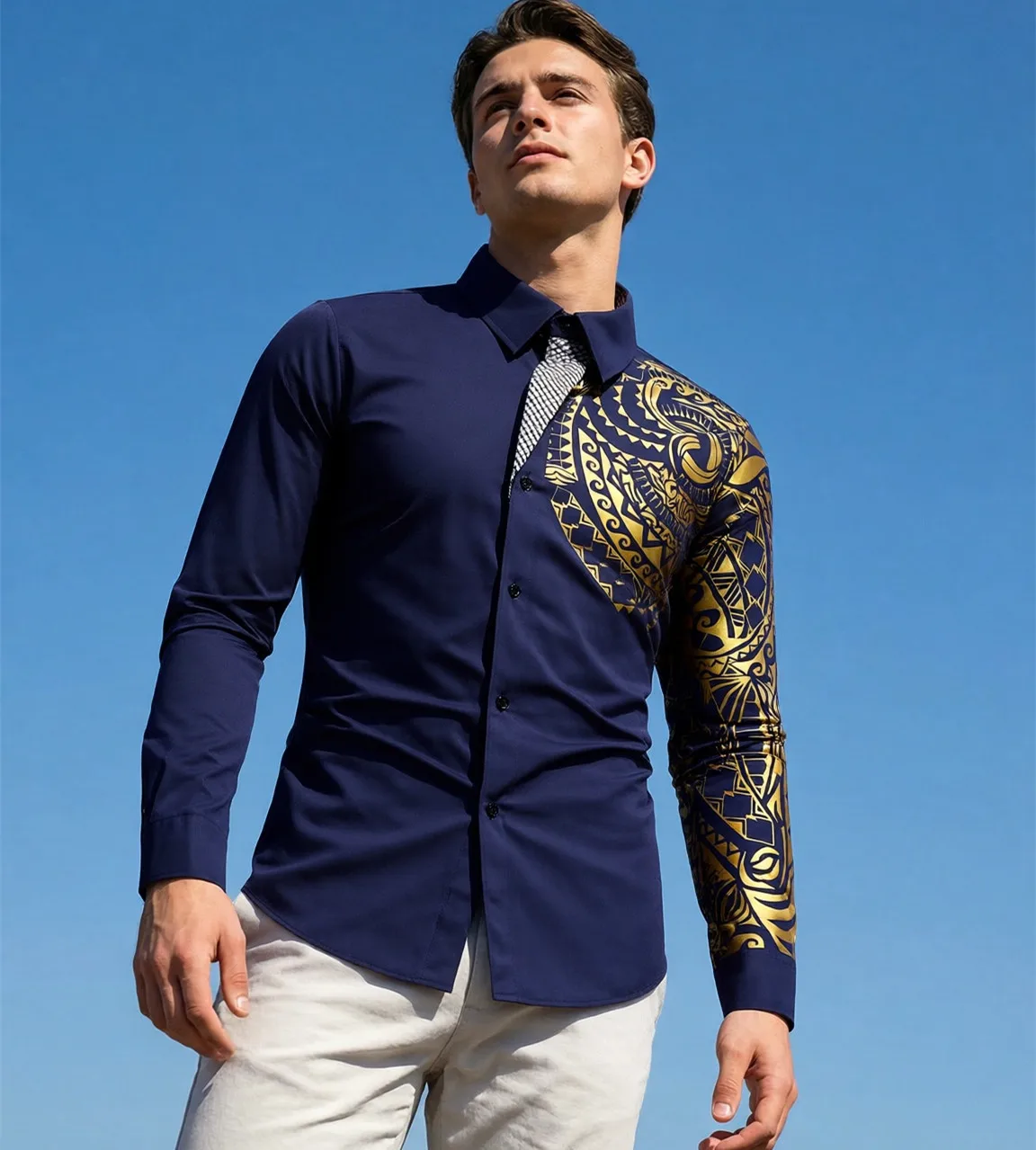 2027 Men's Black Long Sleeve Shirt, Gold-print Collared Shirts, Available in White, Red, Blue, Perfect for Nightclubs, Parties.