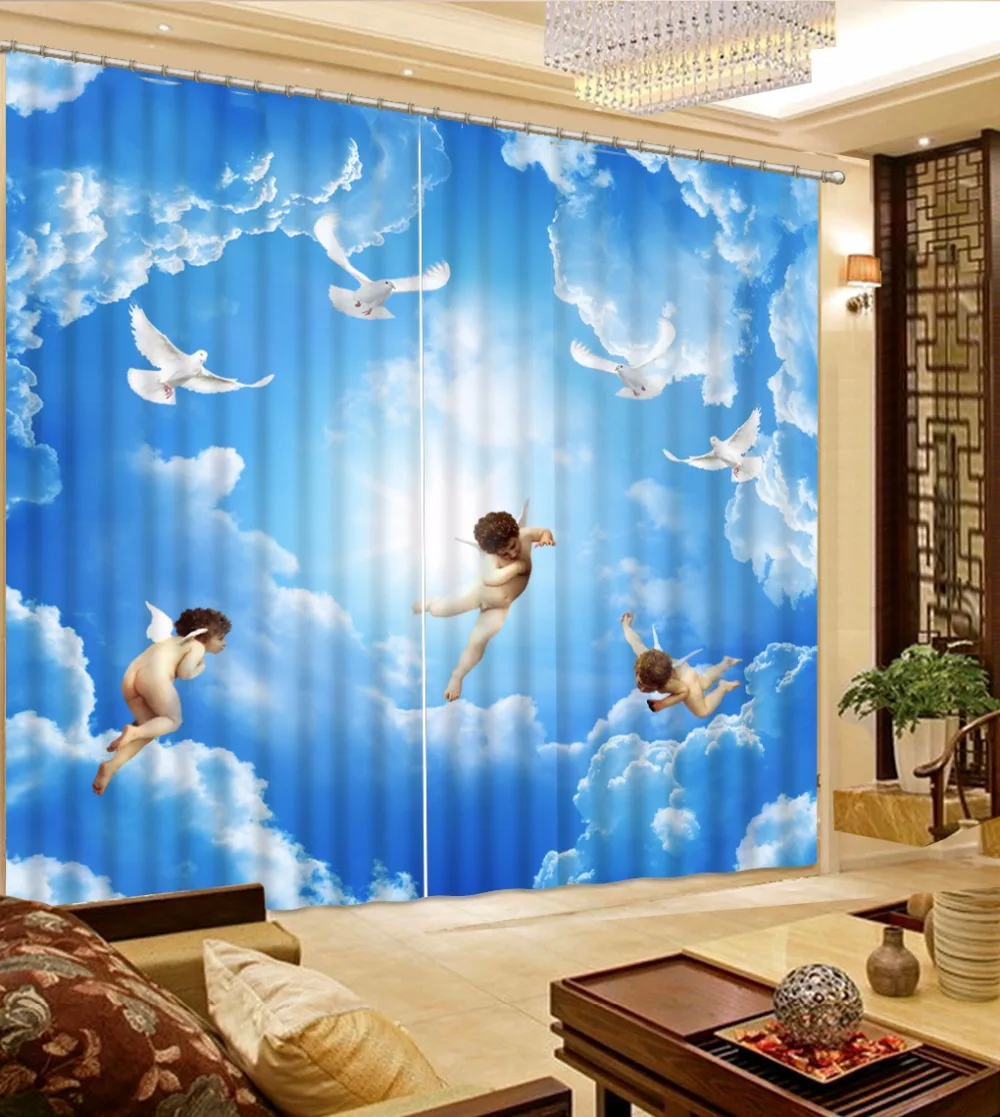 blue sky angel 3D Photo Printing Blackout Curtains For Living room Bedding room Hotel Drapes Cortinas