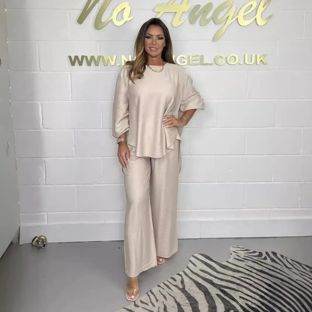 

New Spring Autumn Women's Loose Casual Bohemian Style Round Neck High Waist Silk Top Pants Two Piece Set