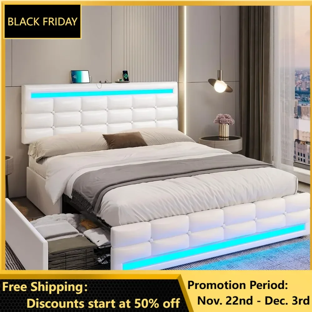 Frame with Drawers, LED Bed Frame with Charging Station and Storage & LED Lights Headboard Footboard, Pu Leather Bed Frame