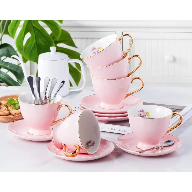 Porcelain Tea Cup and Saucer Coffee Cup Set with Saucer and Spoon Set of 6 ( pink (6), 7oz)