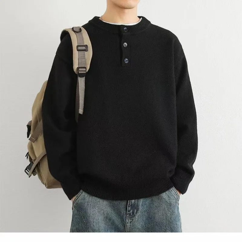 เสื้อสเวตเตอร์คอเฮนรี่สำหรับผู้ชาย สไตล์เรโทรลำลอง สไตล์สบายๆ ถักนิตติ้ง สีพื้น สำหรับฤดูใบไม้ร่วงและฤดูหนาว