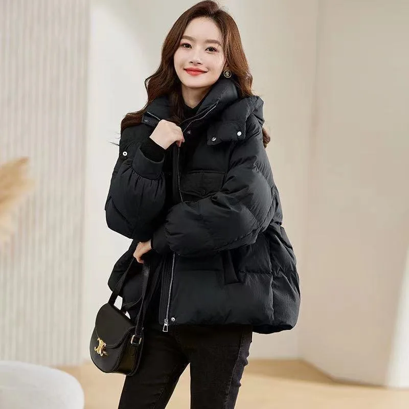 Red Short Hooded Down Cotton Jacket Women's Winter 2025 New Small Man Stand Up Collar Hot Thin and Thickened Coat