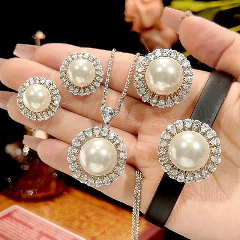 Elegant White Pearl Jewelry Adjustable Ring Necklace Earrings Bracelet Round Gem Cluster Design Crystal Accents Accessories