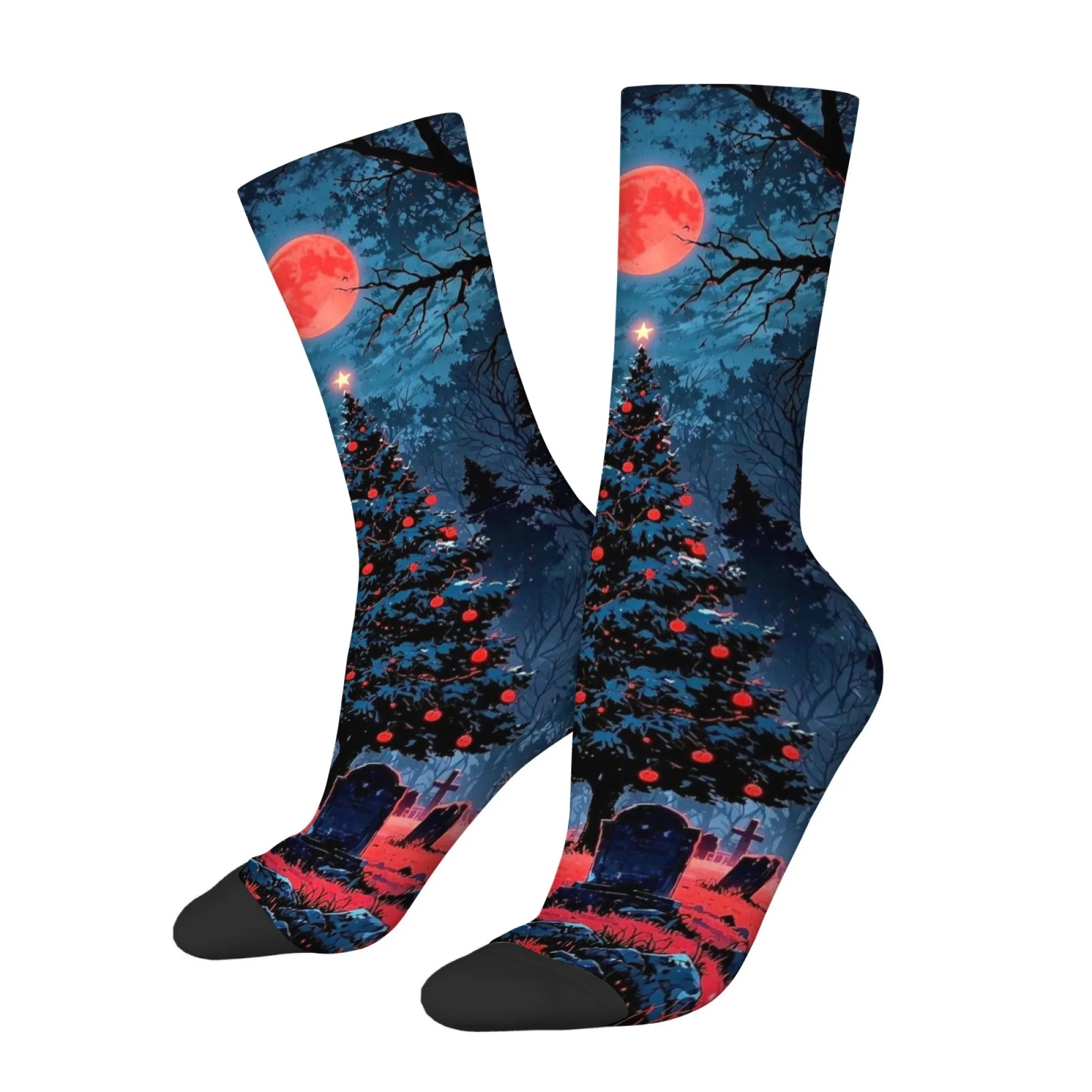 Men's Socks with A Creepy Cemetery Ancient Tree Moon Print Comfortable Breathable Socks Quirky Hip-hop Outdoor Cycling Socks