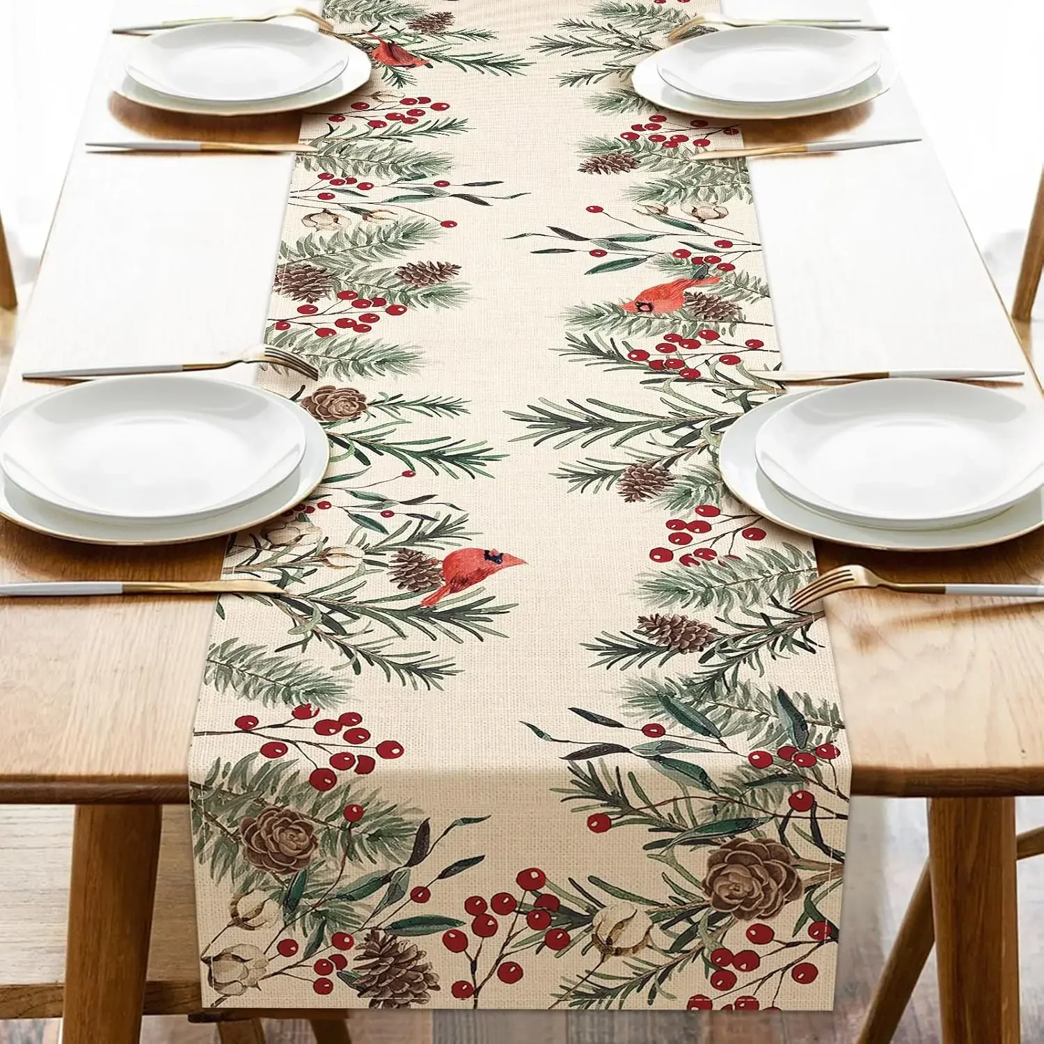 1Pc Christmas Style Table Runner Beige Pine Cone Berry Bird Print Table Cover Dining Room Kitchen Party Decoration Home Festive