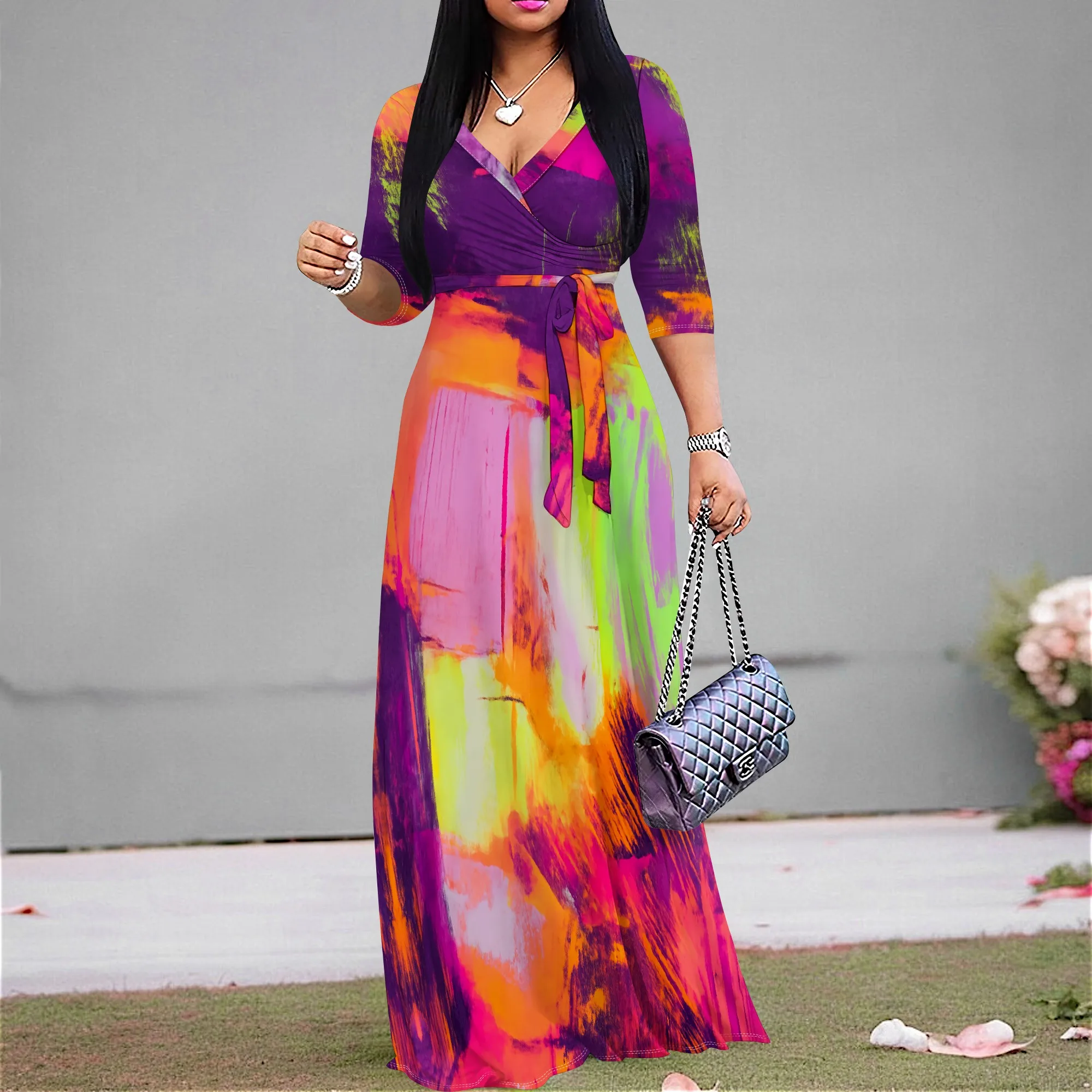 Vibrant Abstract Print Maxi Dress S-3XL Tie Waist Bodycon Style for Summer Vacation, Beach Party or Art Festival Look