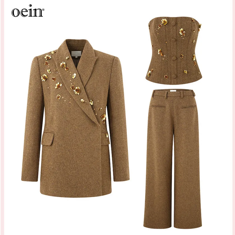 [oein] Fashion Slant Front 3D Nail Bead Wool Three Piece For Women 2024 Autumn New Design Style And Temperament Set