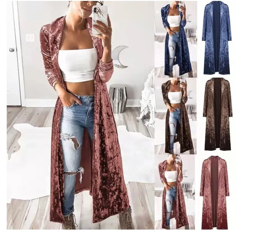 

Autumn Winter Elegant Velvet Trench Coat Women Fashion Open Stitch Dovetail Casaco Feminino Office Lady Velvet Duster Blazer