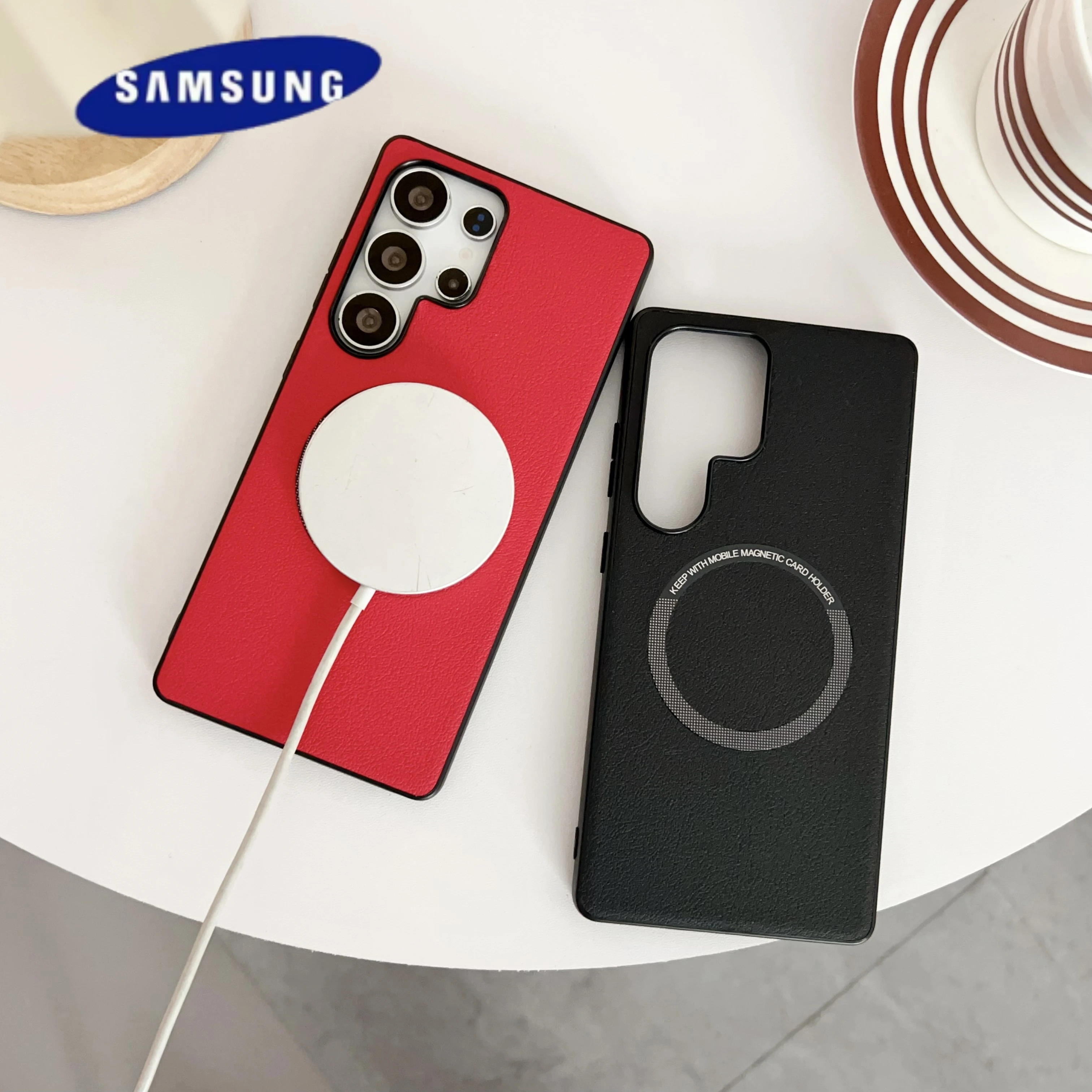Leather Texture Magnetic For Magsafe Case For Samsung Galaxy S25 Ultra S24 Plus S23 FE S22 S21 S20 Note 20 Ultra A56 A72 Cover