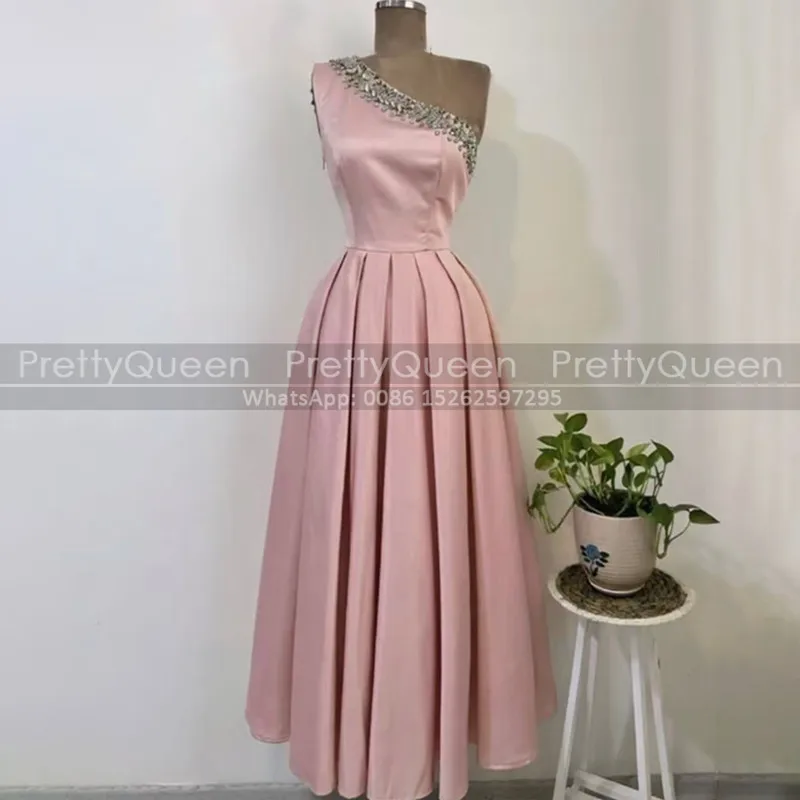 

Rose Gold Long Bridesmaid Dresses Beaded One Shoulder Pleat A Line Customized Wedding Party Dress For Women