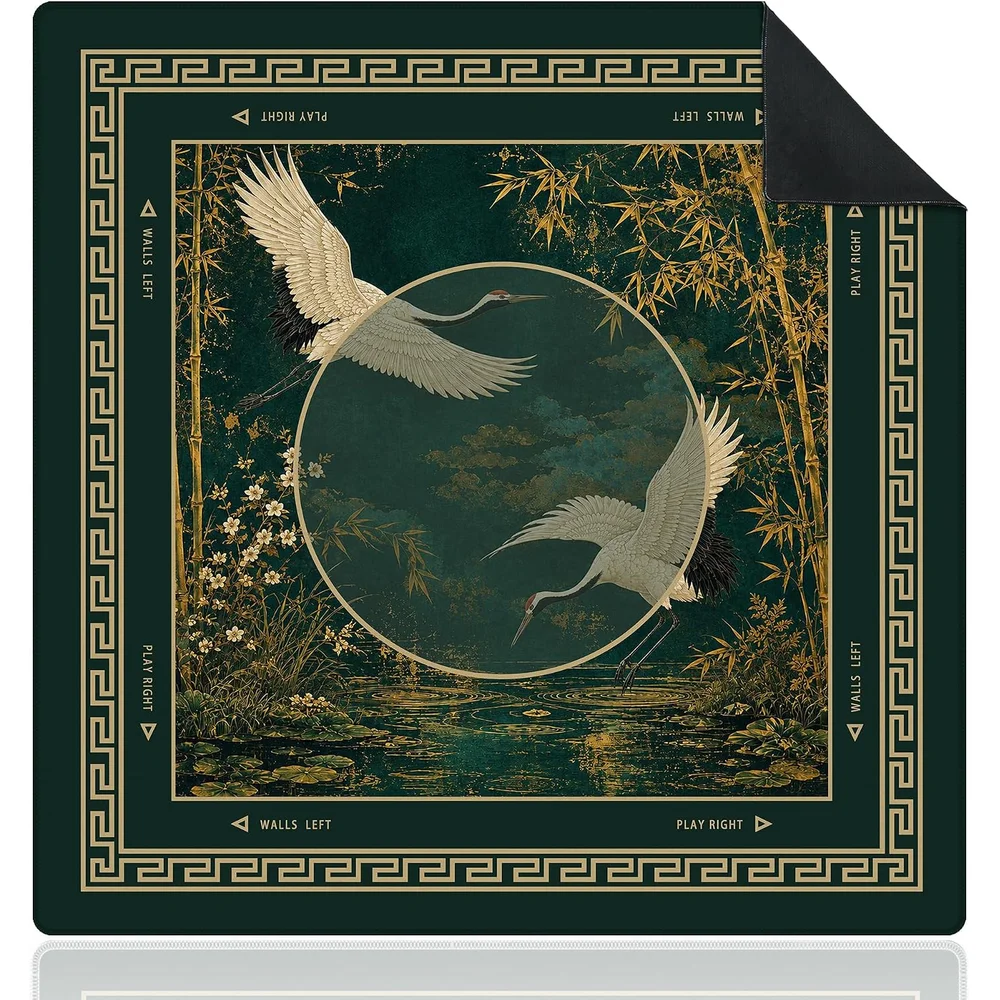 31.5 Inch Neoprene Luxury 3mm Mahjong Mat Chinoiserie Green Crane Bamboo Vintage Asian Non-slip Noise Reduction for Mahjong