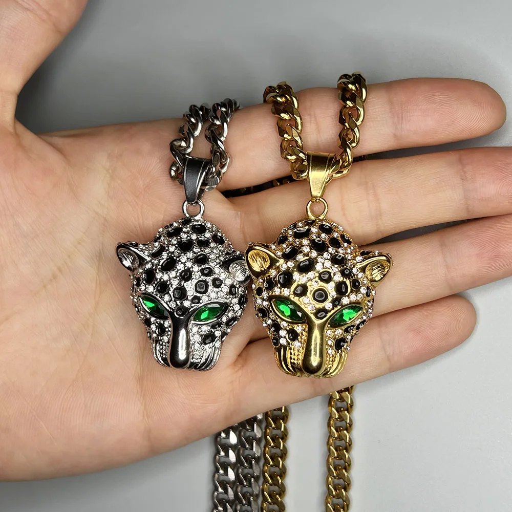 ULJ Iced Out Green Eyed Zirconia Leopard Stainless Steel Head Pendant Jewelry Gold Silver Color For Man Woman Hip Hop Necklace