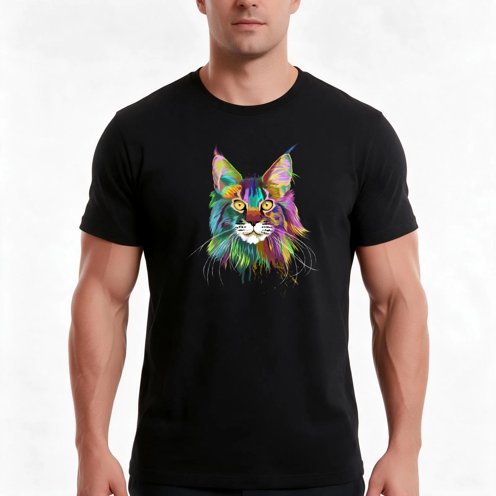 Splash Maine coon Cat T-Shirt, Summer Casual Cotton Tee, Oversized Streetwear Tops, Vintage Graphic Print, Unisex Men Women
