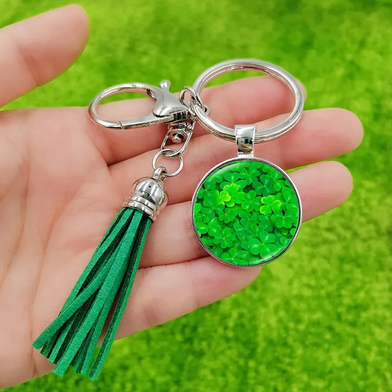 Charm Four Leaf Clover Keychain Green Blue Tassel Glass Crystal Pendant Fashion Women Lady Bag Charms Keyring Luck Jewelry