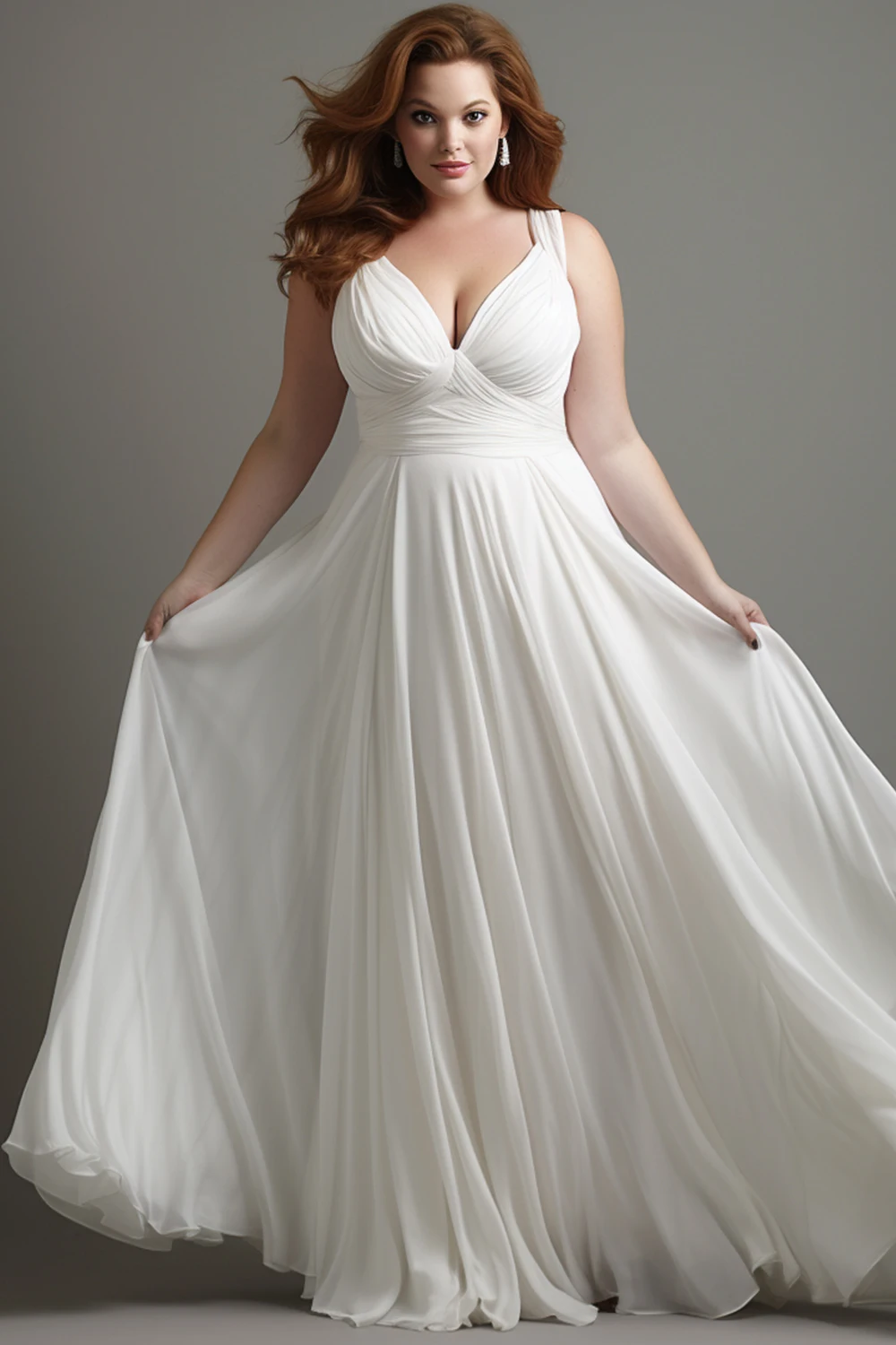 Flycurvy Plus Size Formal White Chiffon Built-in Bra Deep V Neck Empire Waist Cami Maxi Dress