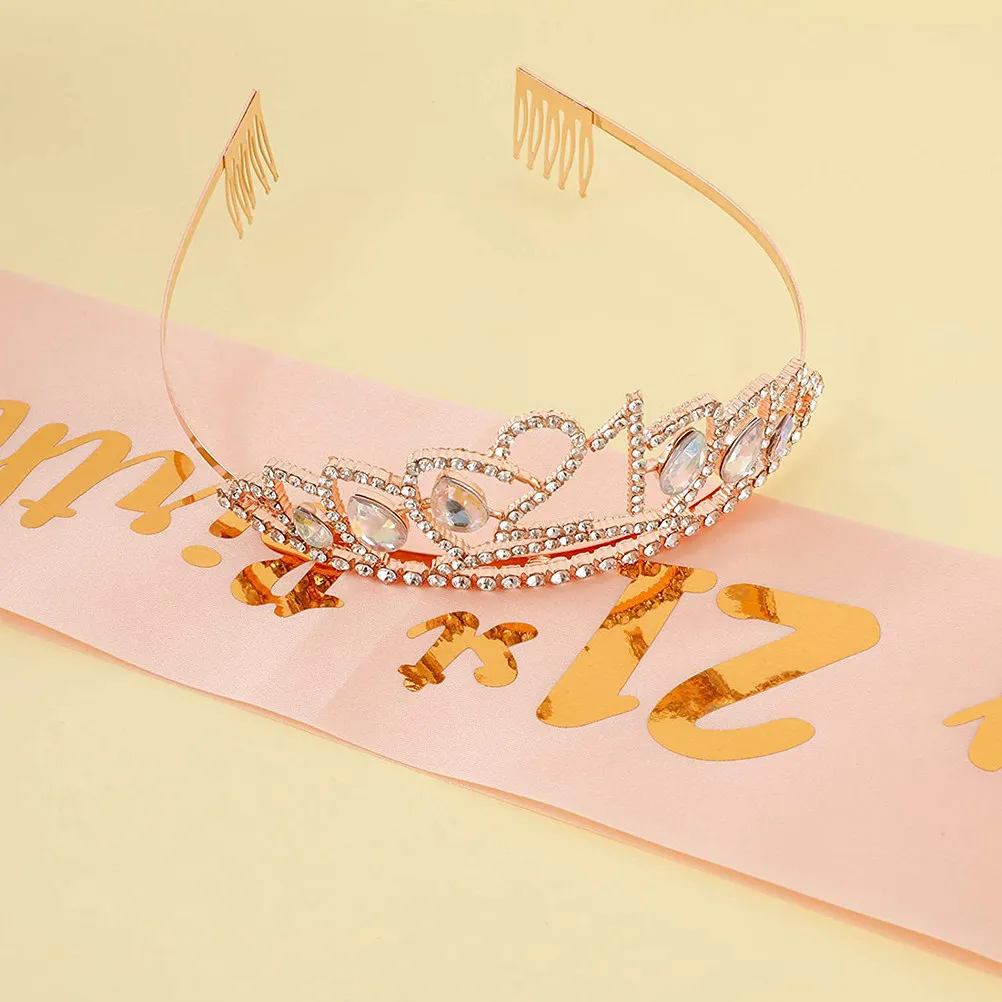 

1Set Birthday Crown Sash Party Props Comfortable Headband One Size Fits Most Girls Rhinestone Tiara Decorative Party Supplies