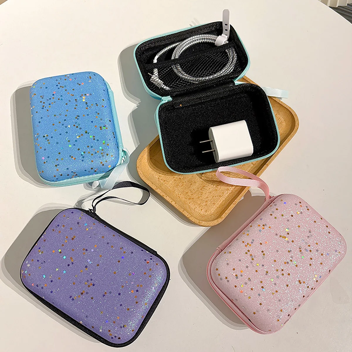 Glitter Star Style Data Cable Eva Storage Box Square Zipper Earphone Packaging Box Ccd Camera Storage Bag