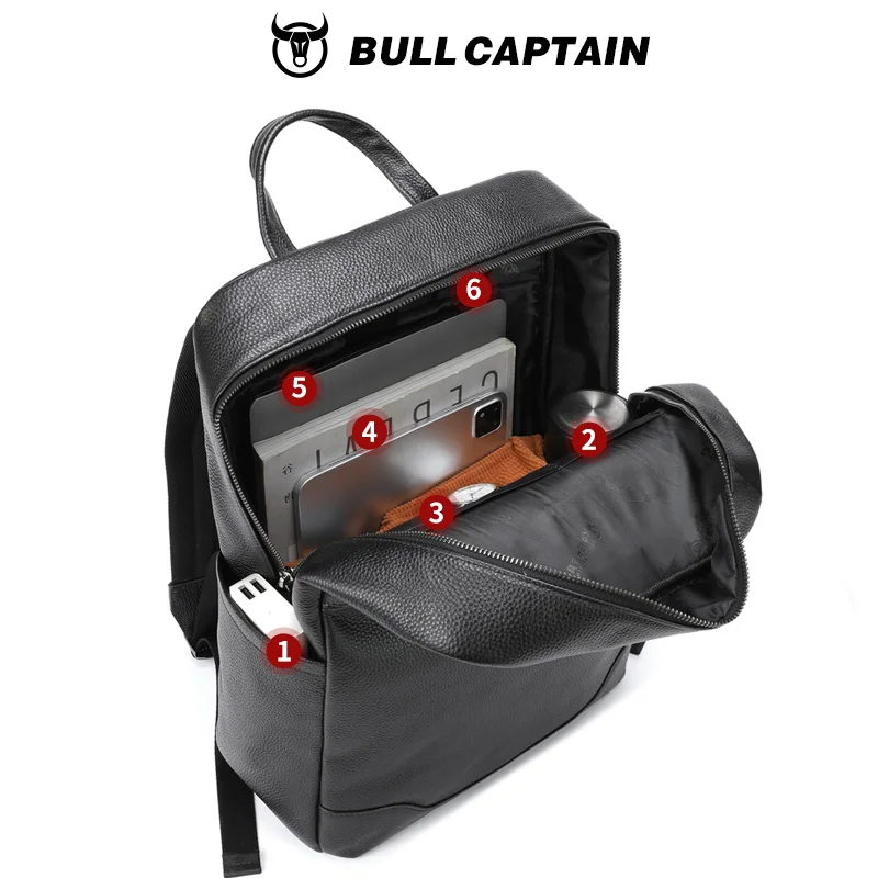 حقيبة ظهر رجالية من جلد البقر من BULLCAPTAIN حقيبة ظهر من الجلد الطبيعي حقيبة ظهر كلاسيكية كبيرة للسفر حقيبة كمبيوتر محمول كبيرة
