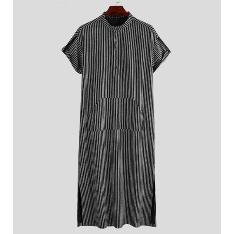 2024 Plus Size Muslim Fashion Arabia Dubai Loose Striped Short-sleeved Robe Arabic Shirt Kaftan for Man Muslim Men Clothing 5XL