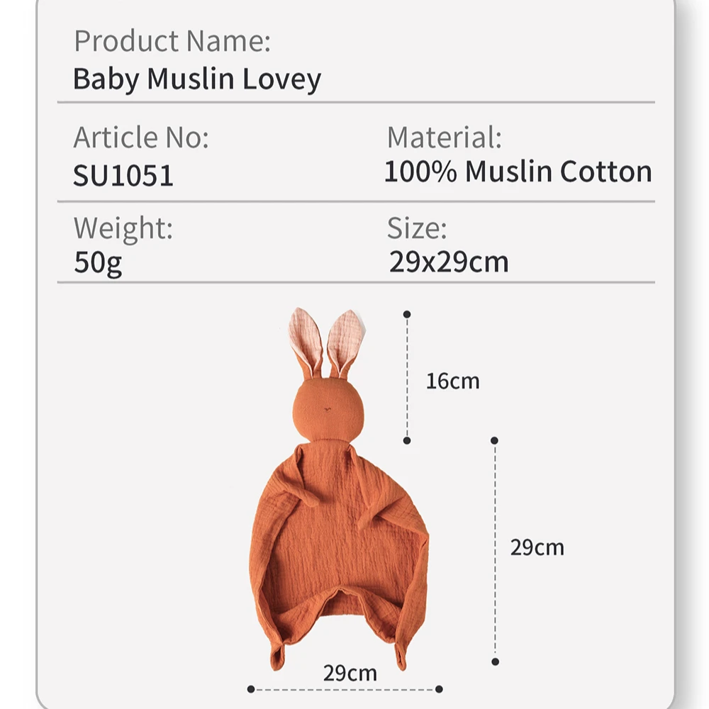 Toalha calmante para bebês, 100% algodão, lenço infantil de desenho animado, tipo coelho, brinquedo para dormir, gaze, boneca apaziguadora