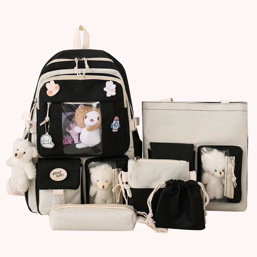 5 قطع من حقائب الظهر المدرسية للفتيات المراهقات متعددة الجيوب حقيبة ظهر للنساء من Mochila حقائب كتب للسفر وحقائب كتف #1