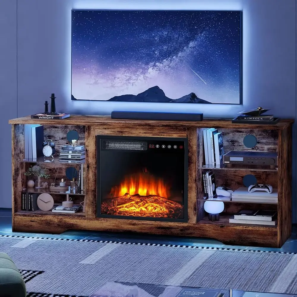 65 65-Inch TV Stand with 18 Electric Fireplace, LED Lighted Glass Shelves, Wooden Entertainment Center for Living Room