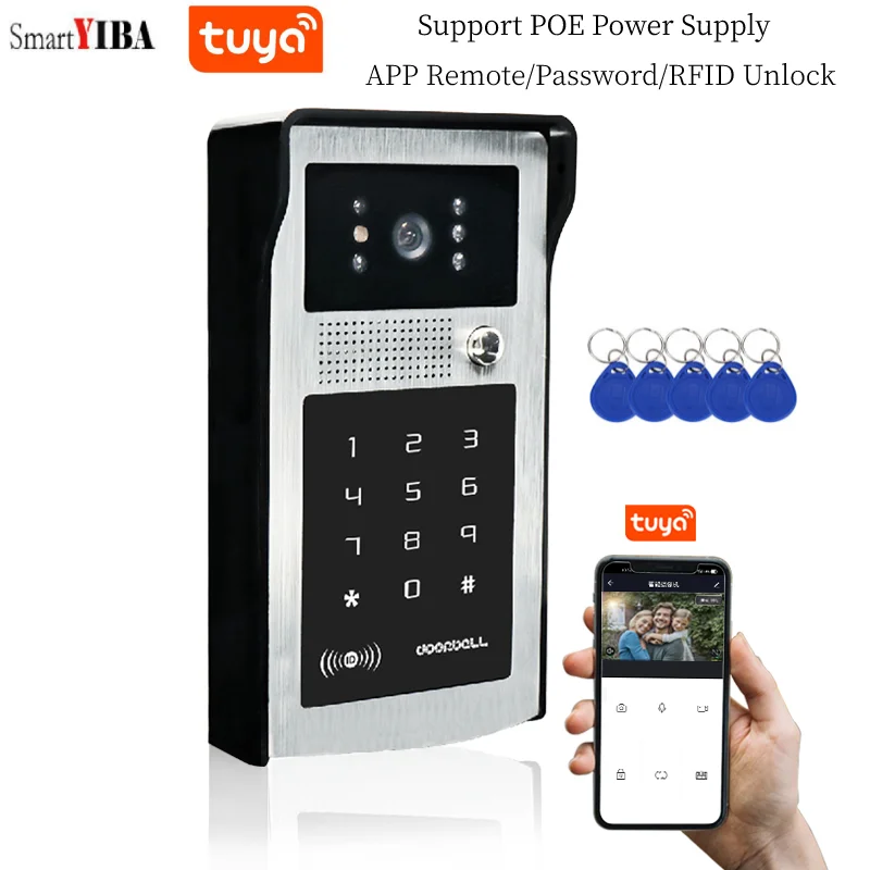 SmartYIBA Tuya Smart WIFI/IP HD Video Door Phone Support POE Switch 1080P  Video Intercom Password RFID Unlock Doorbell