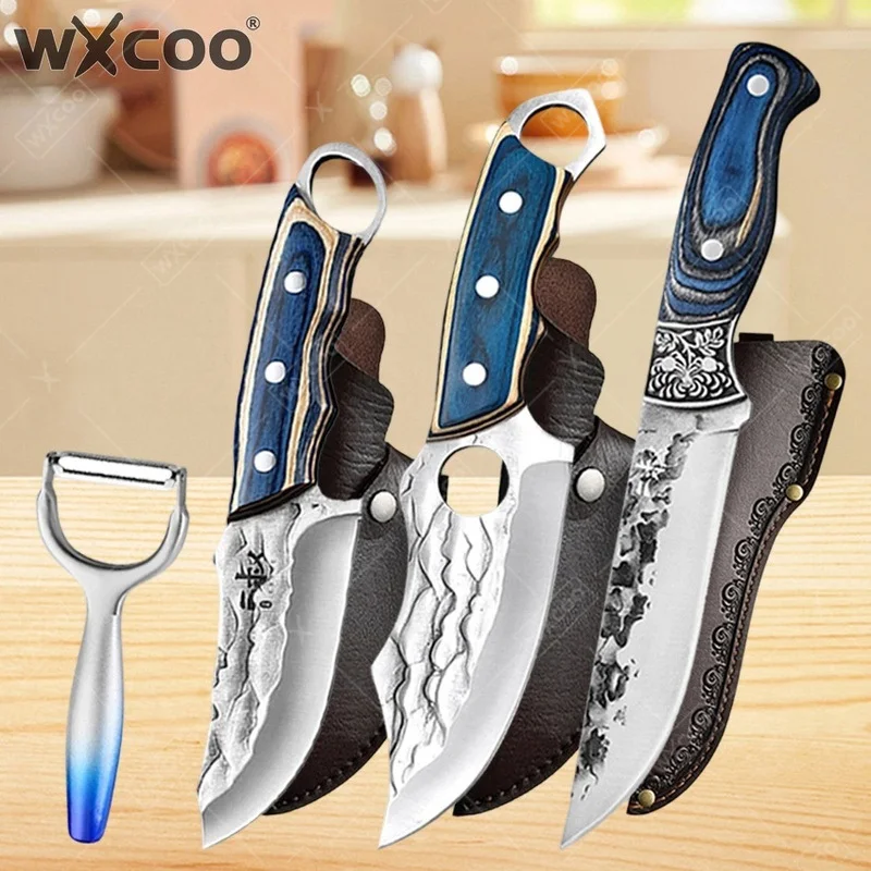 WXCOO Butcher Knife Hammer Pattern Forged Stainless Steel Meat Cleaver Kitchen Boning Knife Wooden-handled Cooking Accessories
