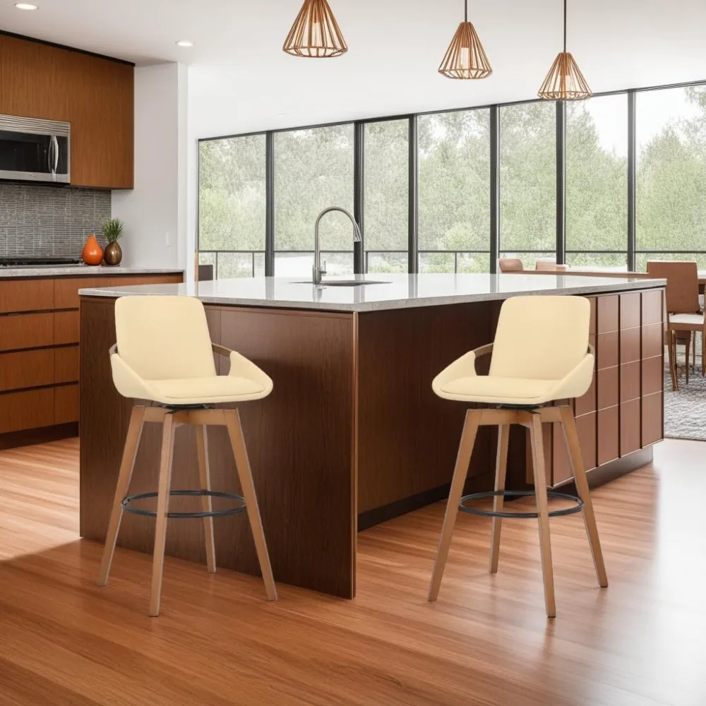 Modern Swivel Bar Stool Kitchen Island Counter Cream Faux Leather Walnut Wood 26" Height Comfortable Durable