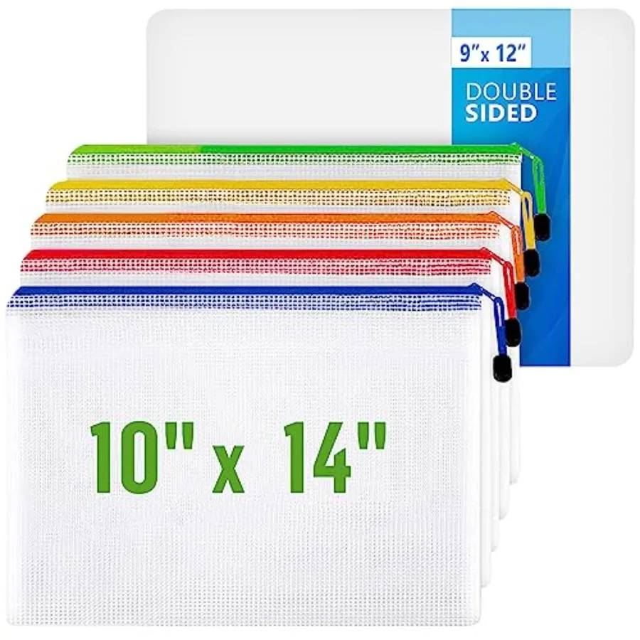 

10 Mesh Bags with Zipper 10x14 and 10 Blanked Dry Erase Lapboard 9x12 - Zipper Pouches for Organizing - Small Dry Erase White B