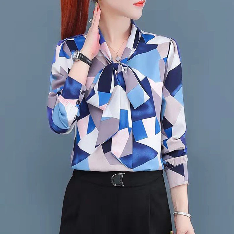 Women\'s Korean Fashion Print Bow Lace Up Elegant Blouse Spring Autumn Office Lady Casual Long Sleeve Shirt Loose Chiffon Blusas