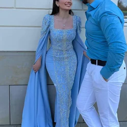 Luxury Dubai Prom Dresses Blue Muslim Mermaid Evening Dresses for Women Wedding Long Cape Sleeves Arabic Formal Party Gowns