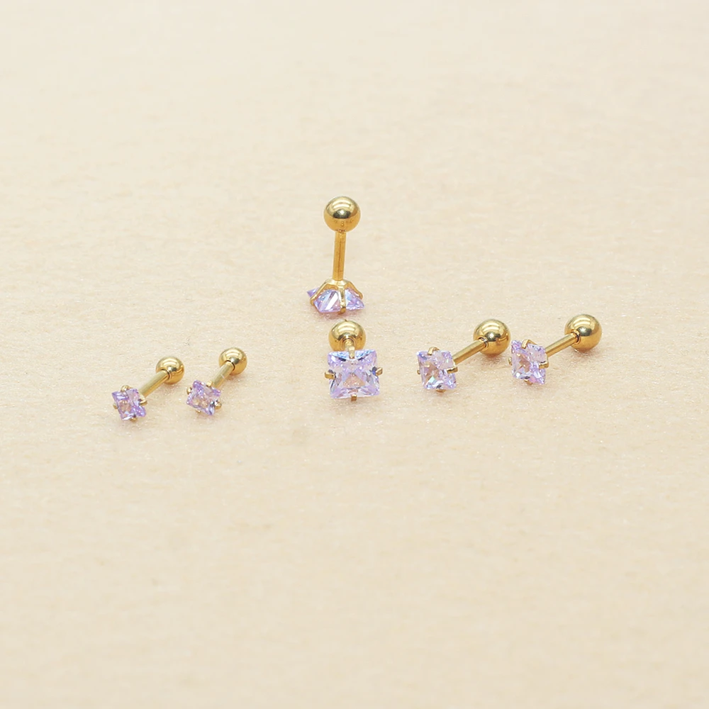 Light Purple Stainless Steel Earrings 1.2*6mm Square Posts Hypoallergenic Gold Plated Fashion Jewelry for Sensitive Ear Lobes