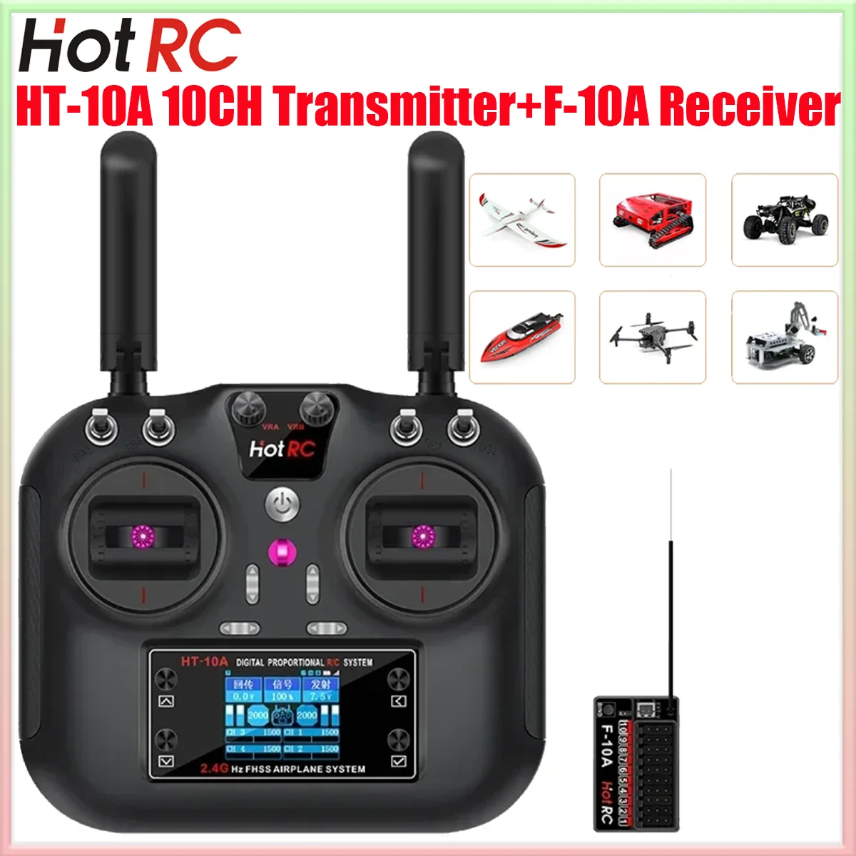

Hotrc HT-10A 10-канальный передатчик 2,4 ГГц с дистанционным управлением F-08A F-10A 6/8-канальный приемник для радиоуправляемого самолета, дрона, квадрокоптера, автомобиля, лодки HT-8A