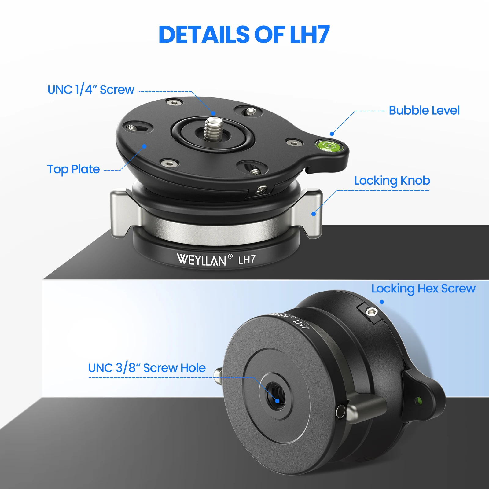 Weyık LH7 Base de nivelación de trípode perilla giratoria LH6 mejorada Base de cabeza de trípode ajuste Horizontal para cámara DSLR Canon Nikon Sony