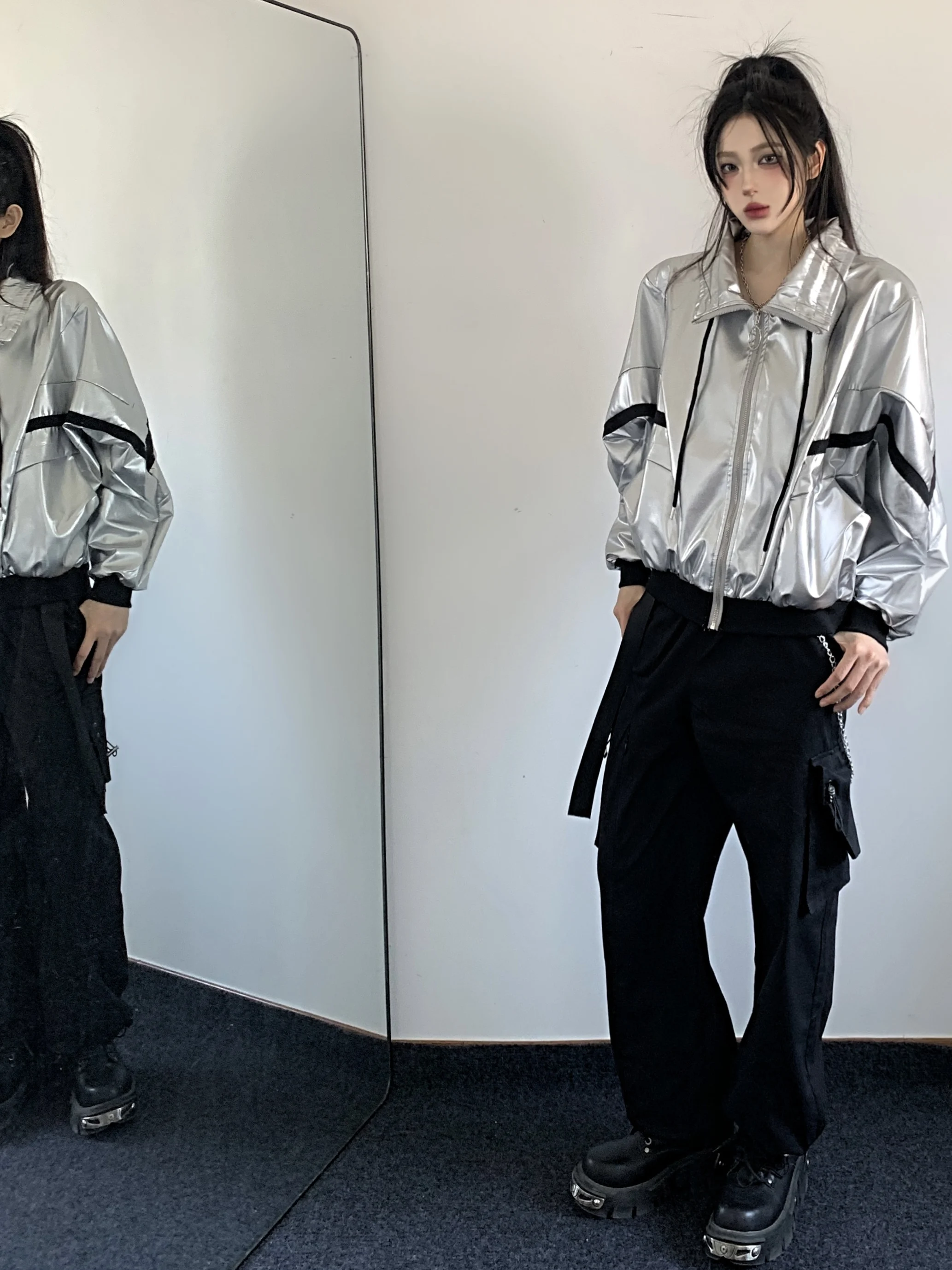 Silver AI Future Tech Hip Hop Performance Clothes Stage Show Outfit Set for Kpop Girl Group Night Club Bar Performance