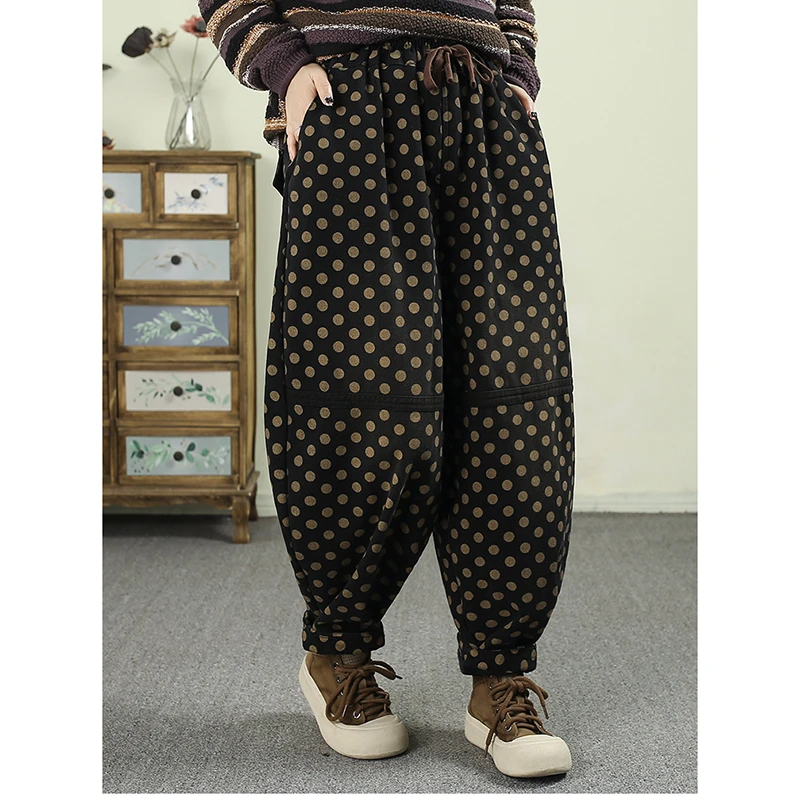 

Новое поступление 2025, осенне-зимние женские винтажные хлопковые джинсовые джинсы в горошек, повседневные свободные шаровары с эластичной резинкой на талии, джинсы Q142