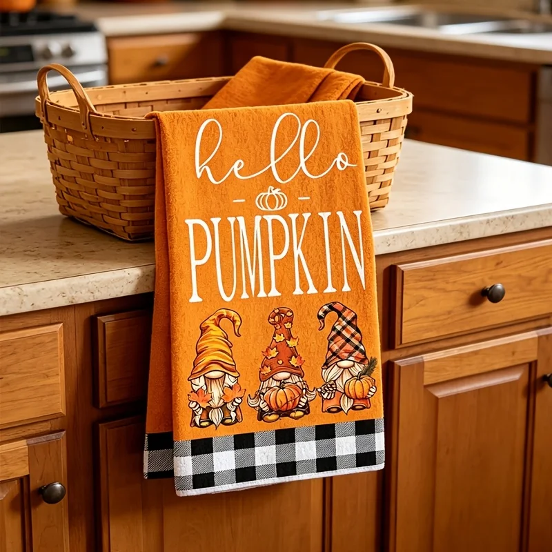 2-Pack Autumn-Themed Kitchen Towels, Whimsical Gnome and Pumpkin Design Dish Towels, Buffalo Plaid Soft Absorbent Microfiber Hand Towels, Kitchen Decorations, Holiday Autumn Table Decorations, Home Decor, Bathroom Housewarming Gifts, Halloween and Christmas Gifts