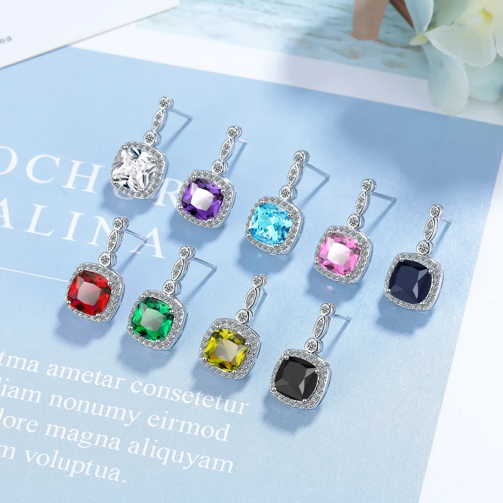 

925 Sterling Silver Elegant Fashion Purple Square Diamond Zircon Earrings Birthday Anniversary Party Gift