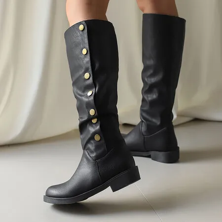 Women Knee High Boots Folded 3cm Heel Button Up Big Size 46 47 48 Party Bota Faux Leather Mortorcycle Ridding 2024