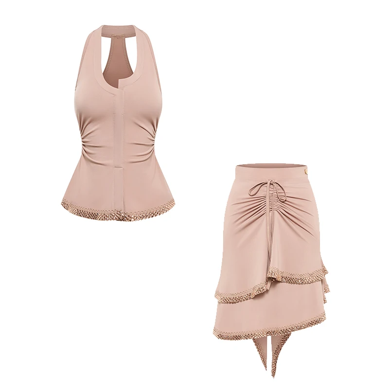 Stroje do tańca latynoamerykańskiego dla kobiet, różowe, na występy, bez rękawów, z dekoltem typu halter, asymetryczna spódnica, strój do samby, model DN21657, rok 2025.