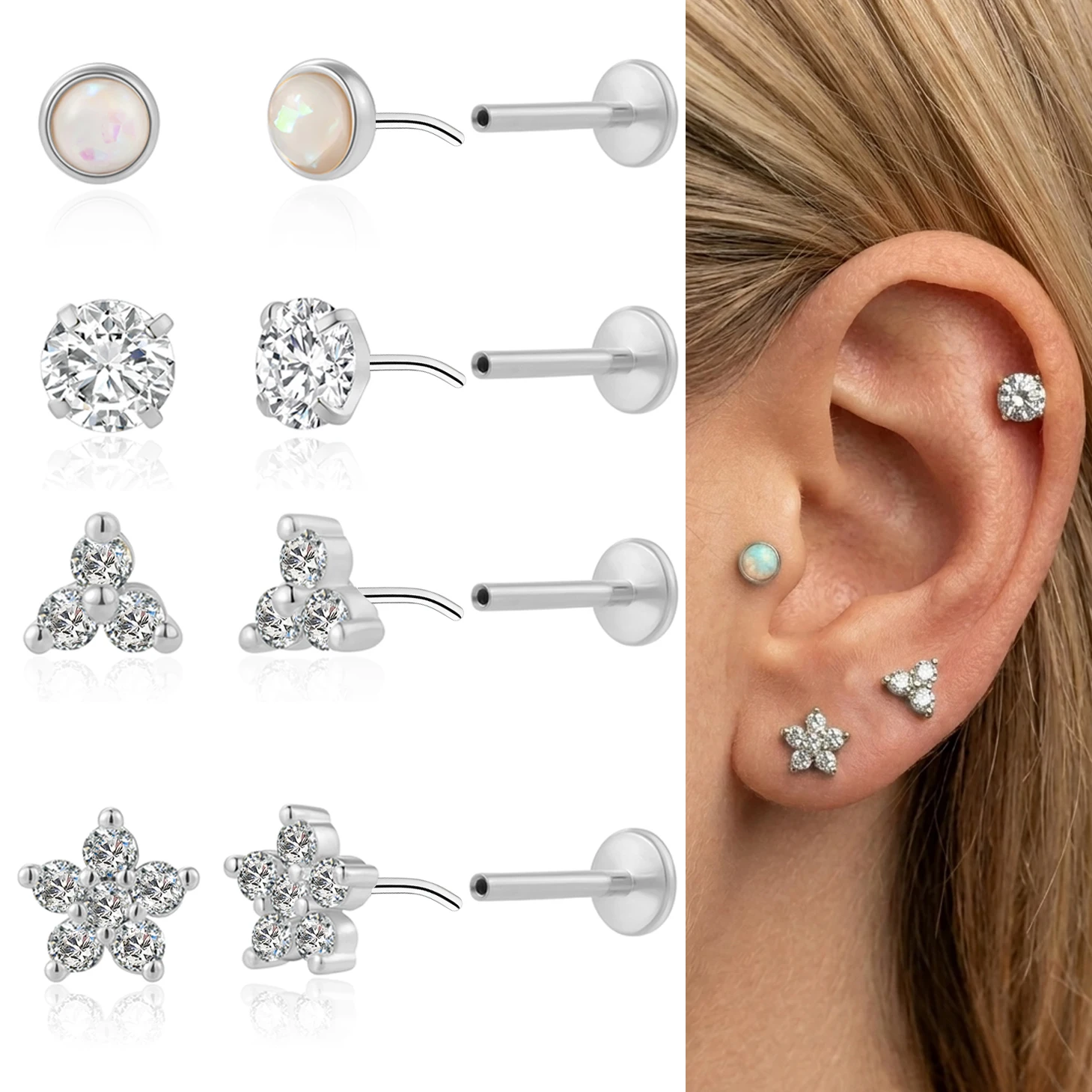 EVISPOL 18G Edelstahl Ohrstecker ohne Gewinde mit flacher Rückseite für Frauen, hypoallergen, CZ Knorpel-Labret-Piercing-Schmuck – Detail 5