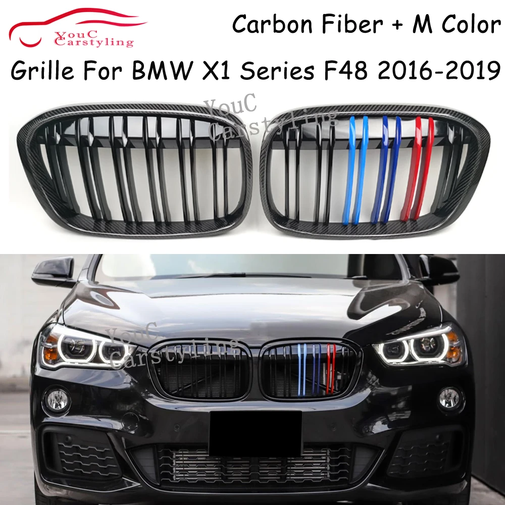 F48 Carbon Fiber Double Line Gloss M Color Grille Mesh for BMW X1 Series F48 2016 2017 2018 2019 Front Bumper Kidney Grills