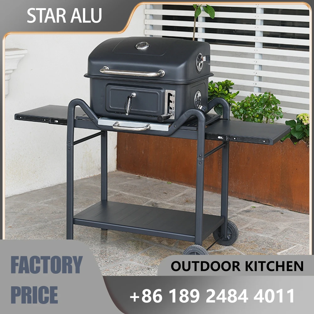 

Multifunctional Rolling BBQ Grill Cart with Pull-out Side Board,Outdoor Charcoal Grilling Station with Temperature Control